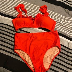 JCrew High Waisted Coral/Red Ruffle Swimsuit